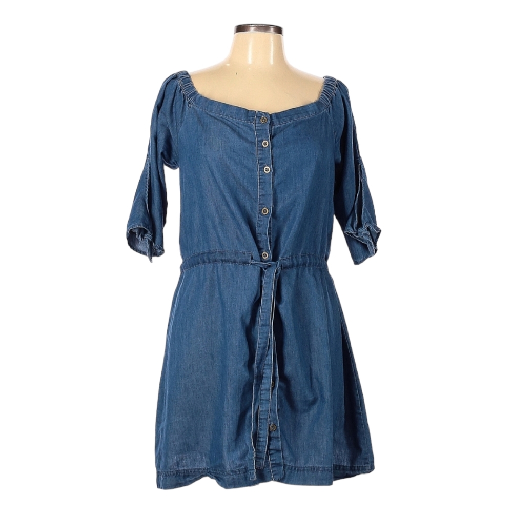 New Look Chambray Dress Size L Off The Shoulder Split Tie 3/4 Length Sleeve